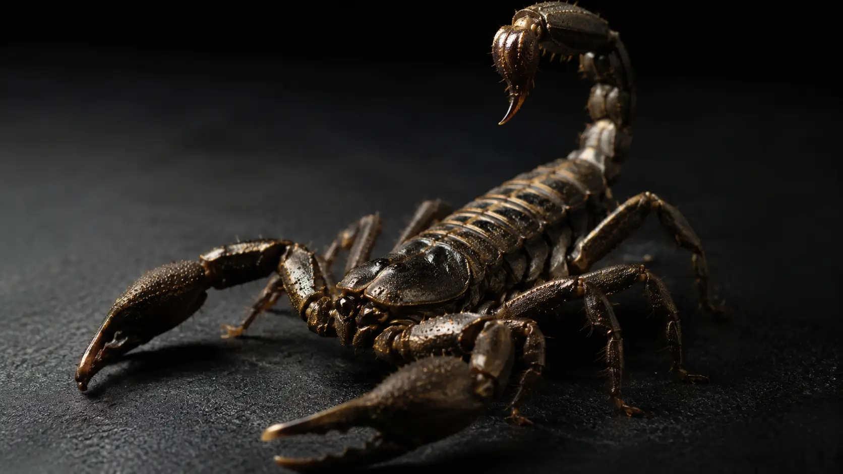 What attracts scorpio man — dark antique bronze scorpion on matte black surface with dramatic side lighting, detail and shadow