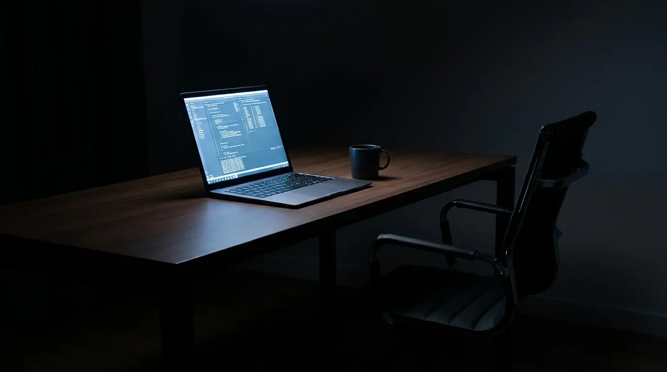 What birth chart says about love — a sleek modern desk at night, laptop screen glow illuminating no personal items, the architecture of someone who has built everything except space for love