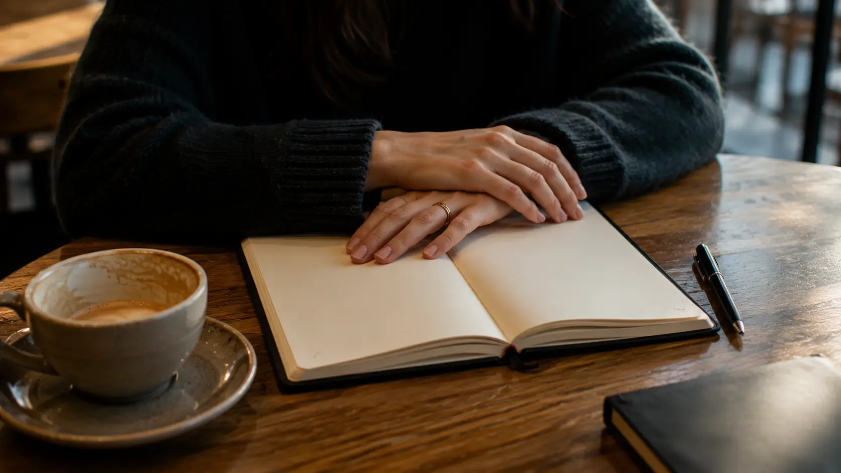 What does my soulmate look like astrology — close-up of woman's hands on open journal at café table, thinking