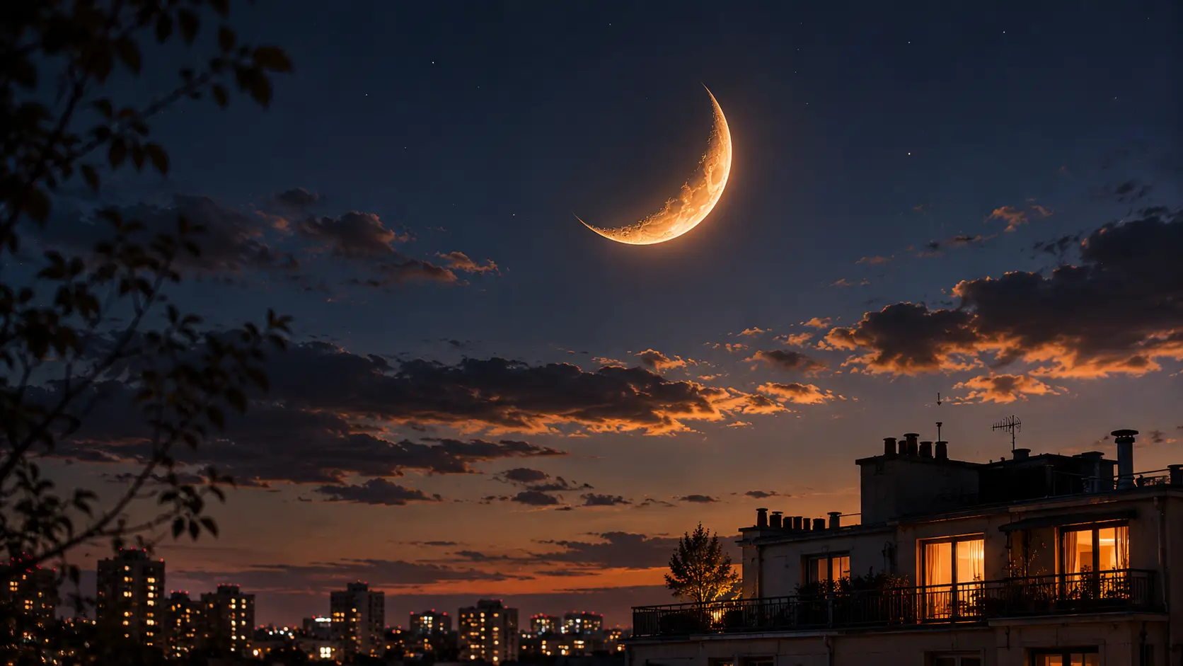 What moon sign reveals about love — large crescent moon glowing warm gold over dark indigo night sky