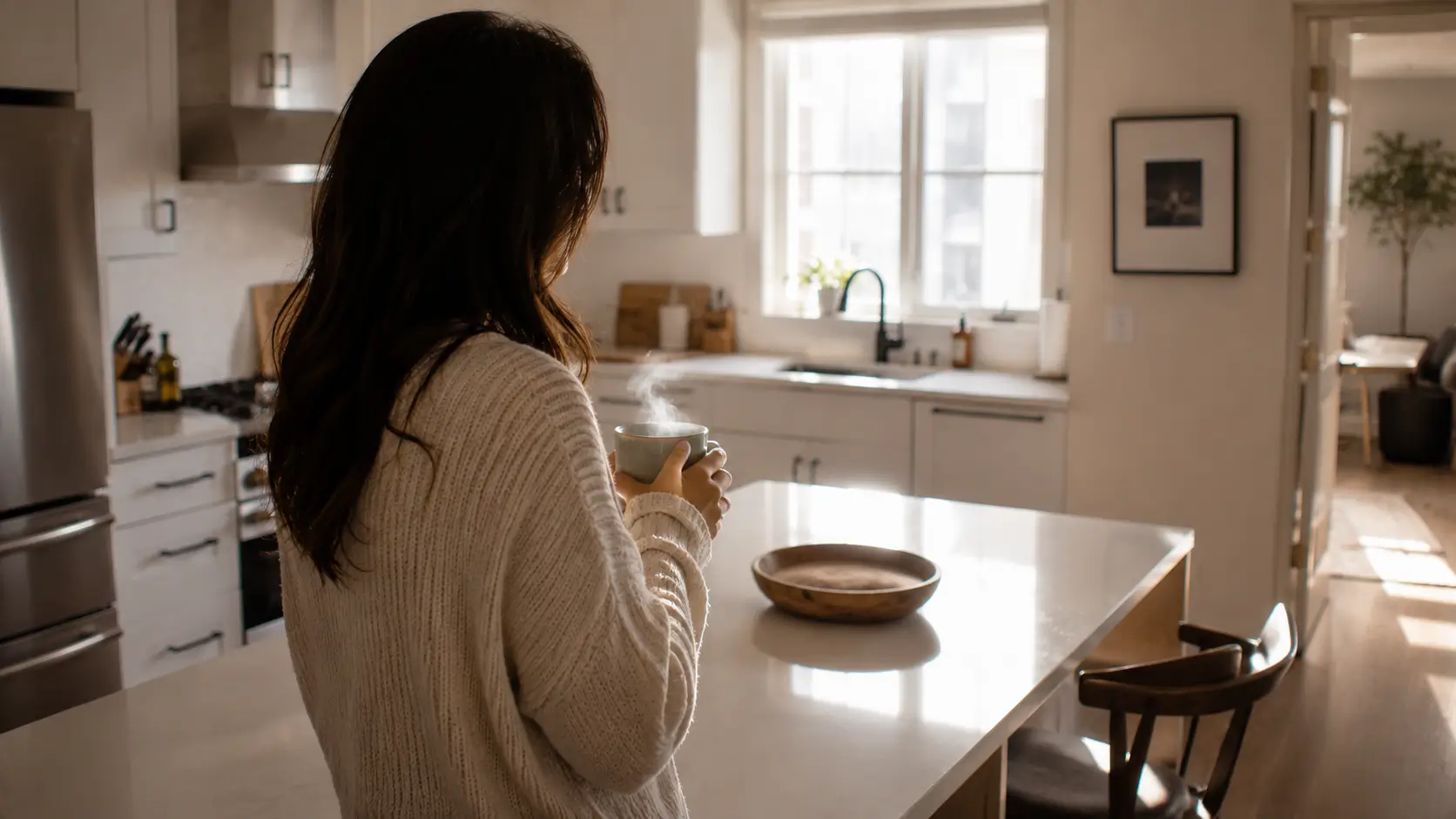 What my relationship needs astrology — woman standing at a modern kitchen counter holding an untouched mug, looking at an empty chair