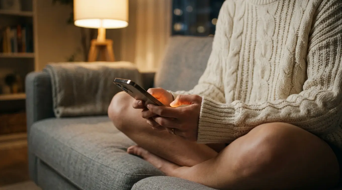 What zodiac sign needs in a relationship — close-up of woman's hands holding phone on couch, soft lamp light, waiting