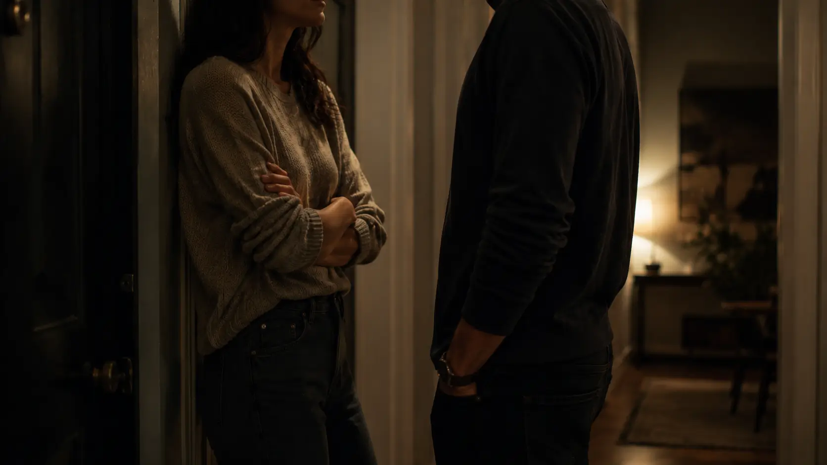 What it's like to date a Scorpio woman — a man and woman standing close in a dim hallway, her gaze direct and unreadable