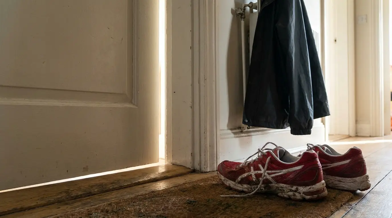 Which zodiac sign falls in love fastest — a pair of worn running shoes by an open apartment door, ready to go before the decision is even made