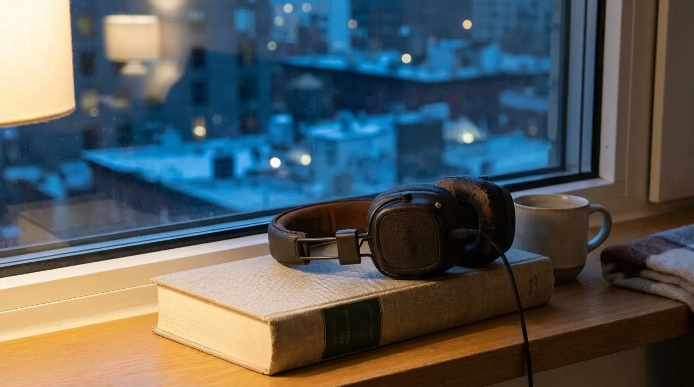 Which zodiac sign ghosts the most — a pair of headphones resting on a book beside a window with city lights below, the chosen distance of someone who prefers to disappear rather than explain
