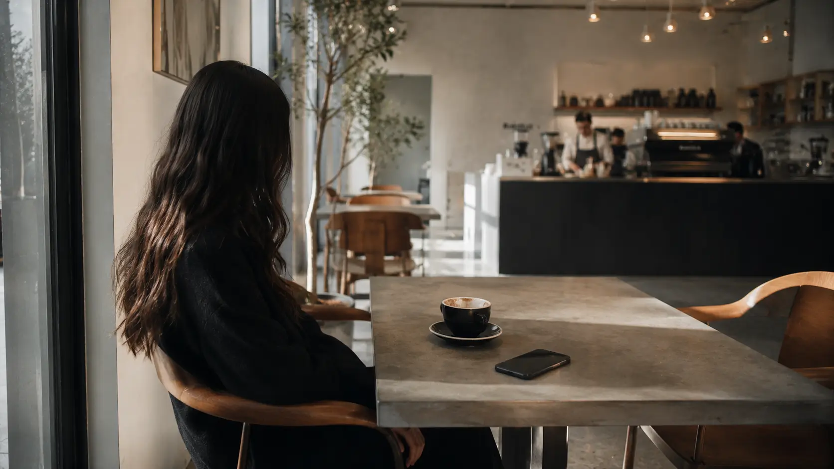 Why aquarius man comes back to scorpio woman — woman sitting alone at a modern café, phone face-down, composed and unhurried
