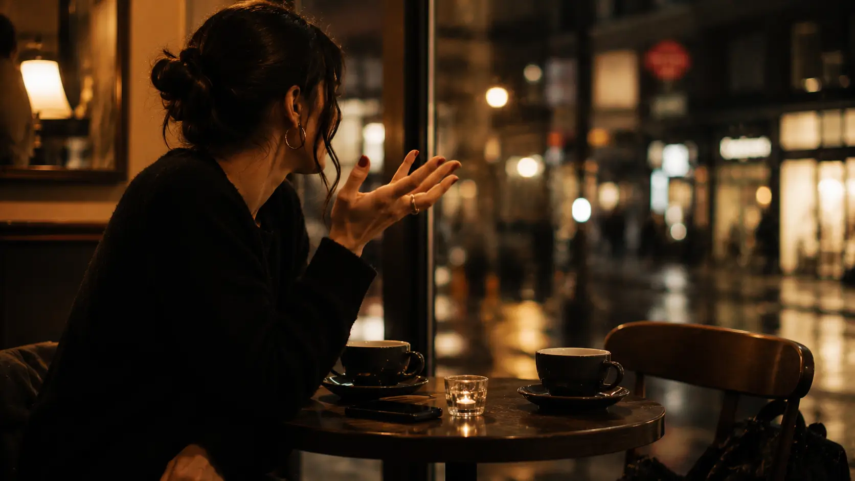 Why aries women are hard to forget — animated woman leaning forward at café table, mid-conversation, second coffee cup across from her