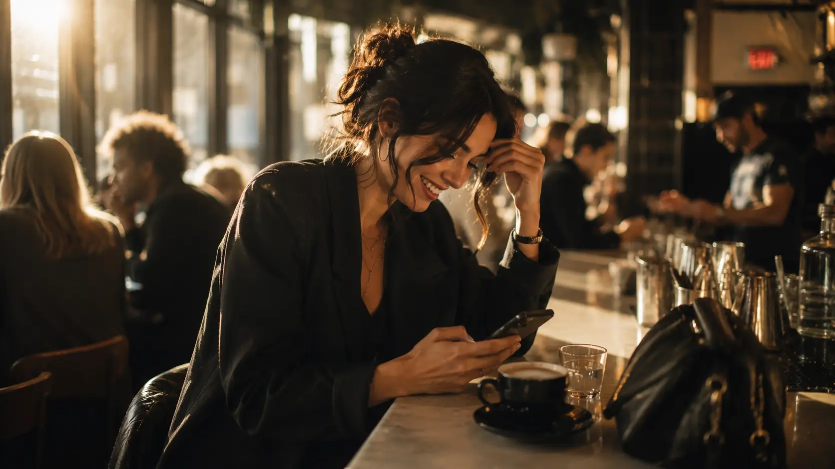 Why gemini women are hard to forget — a woman laughing alone at a café counter, warm golden afternoon light, effortlessly magnetic presence
