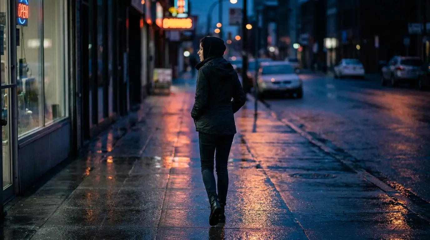 Why I attract wrong zodiac signs — a woman walking alone along a wet city street at night, neon reflections on the pavement, moving forward but looking slightly to the side — the weight of a pattern she can't yet name