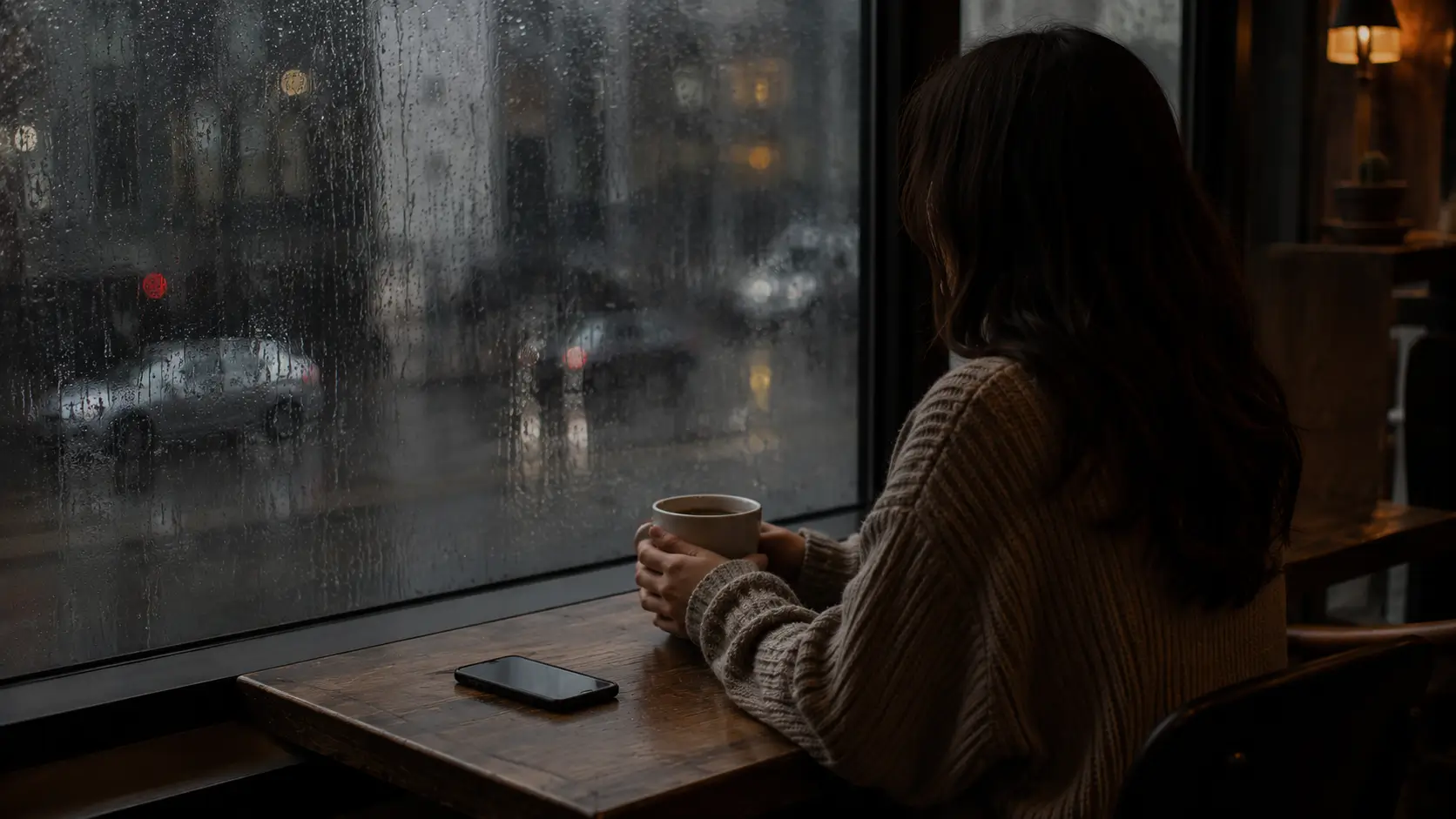 Why i fall for emotionally unavailable men astrology — woman alone at café window holding an untouched coffee cup