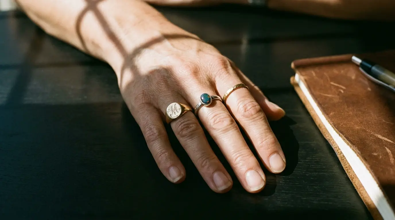 Why do I keep attracting the wrong men astrology — a close-up of a woman's hand, rings on her fingers, resting on a dark surface, a shadow falling across it — the quiet weight of a pattern she keeps returning to
