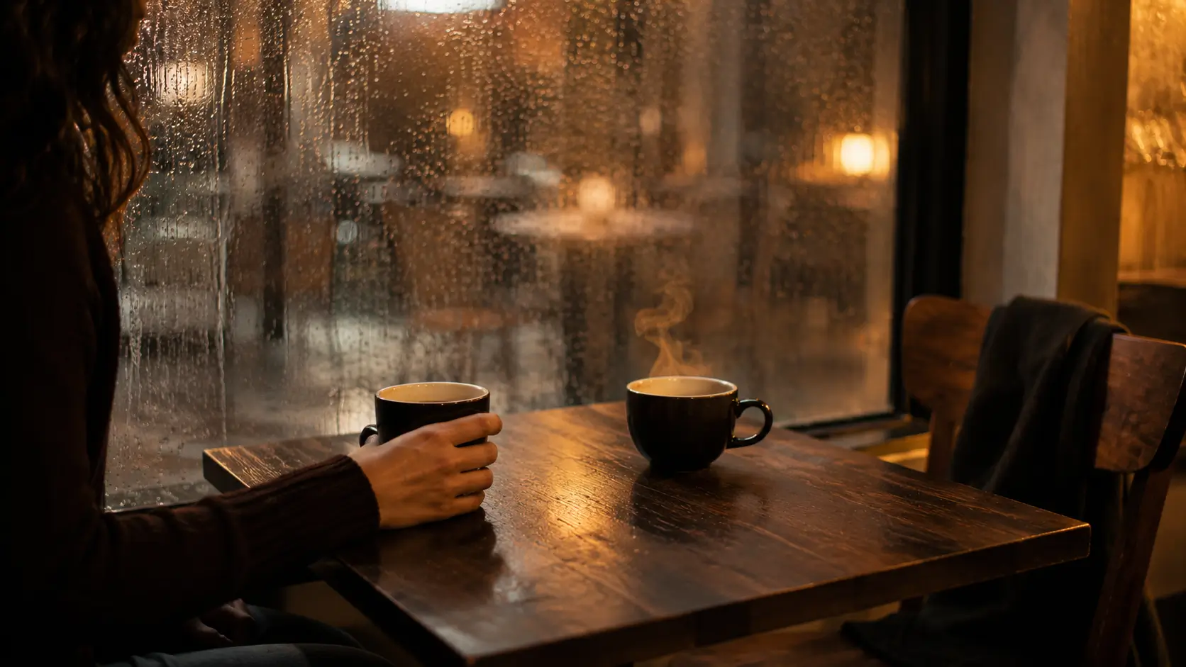 Why men fall for cancer women — a warm café table by a rainy window, two coffee cups close together, one hand resting gently on a mug