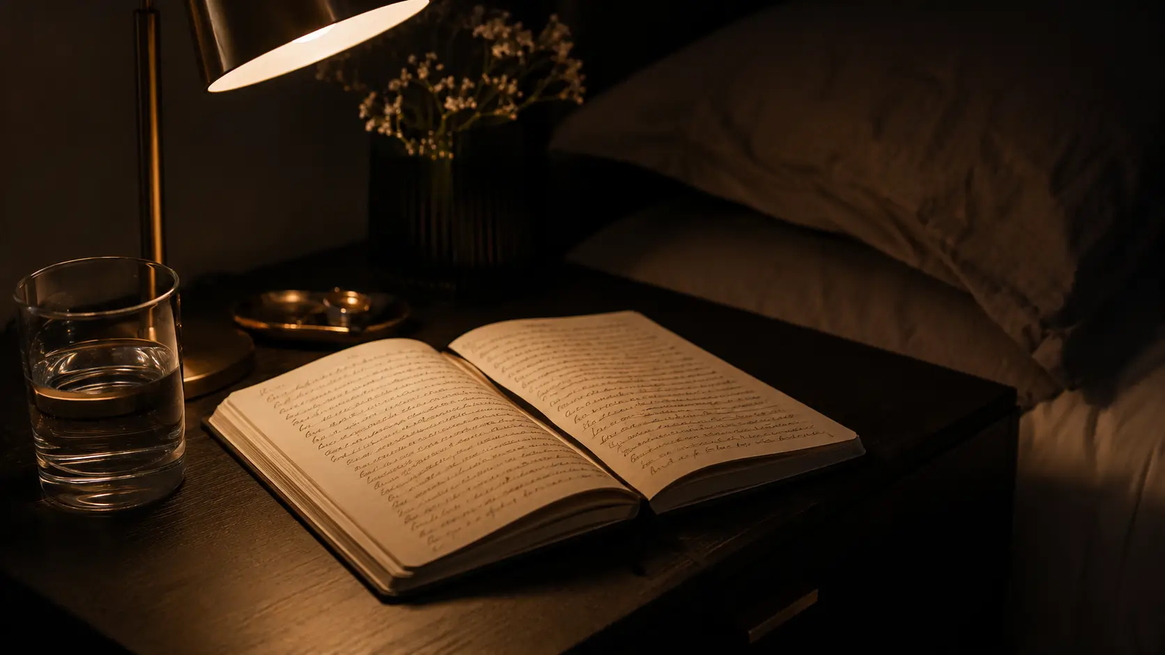 Why men fall for Scorpio women — an open journal on a dark bedside table under warm lamp light, handwriting visible, no one in sight