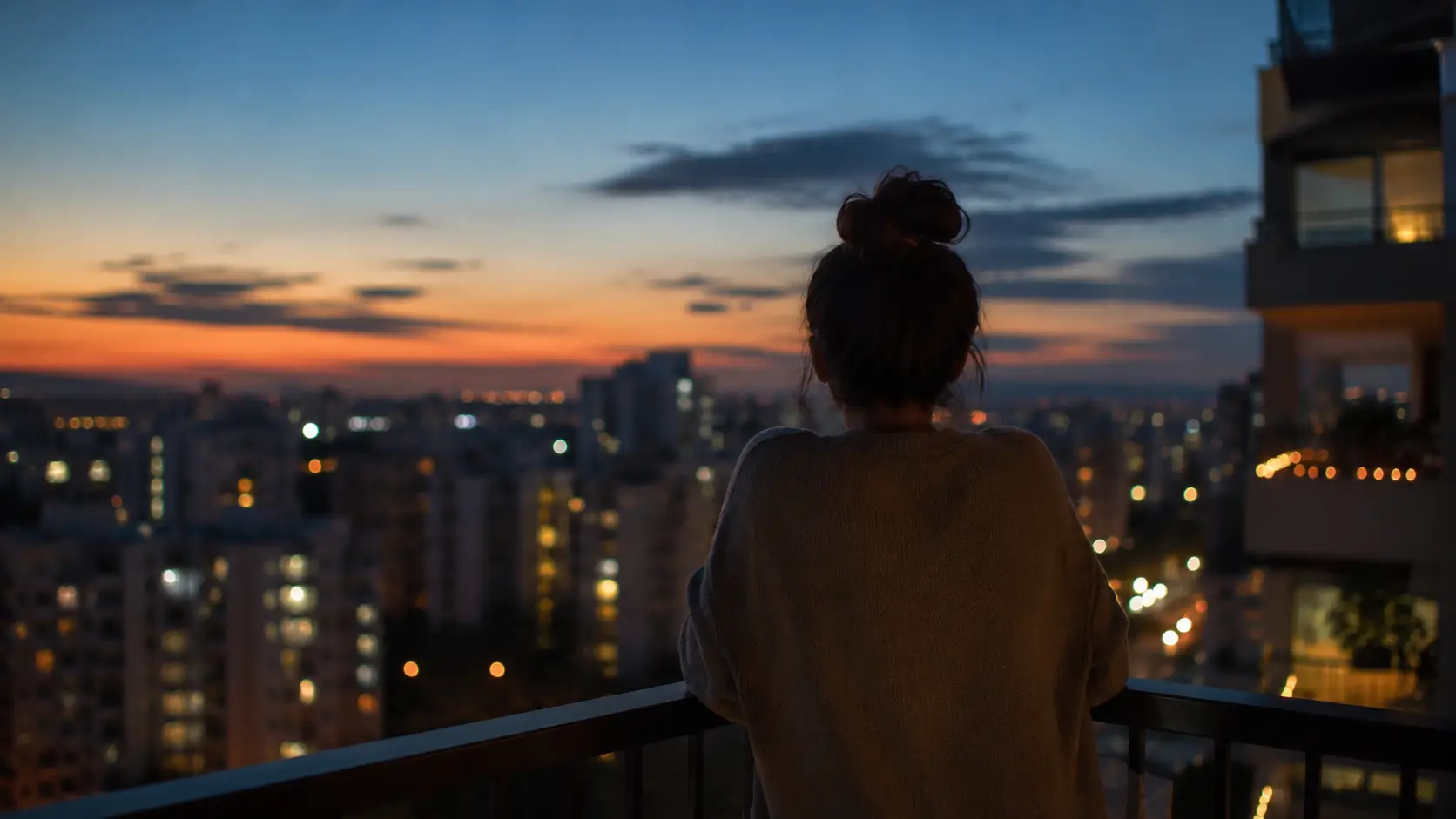 Why pisces man obsessed with capricorn — woman standing on apartment balcony at dusk, arms on the railing, watching city lights come on below