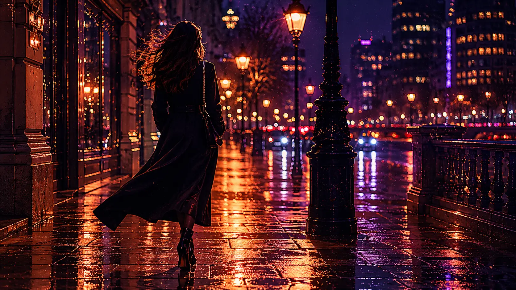 Why Scorpio women are unforgettable — a woman in a dark coat walking alone on a rain-slicked city street at night, city lights reflected on the pavement