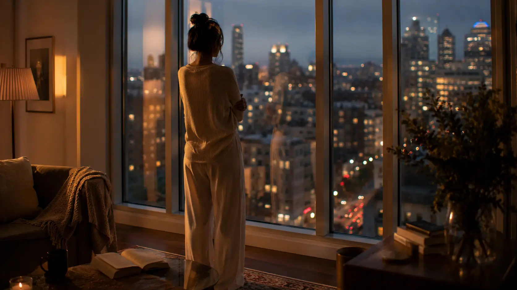 Why taurus man loves cancer woman — woman standing at apartment window at dusk, arms crossed softly, warm lived-in room behind her