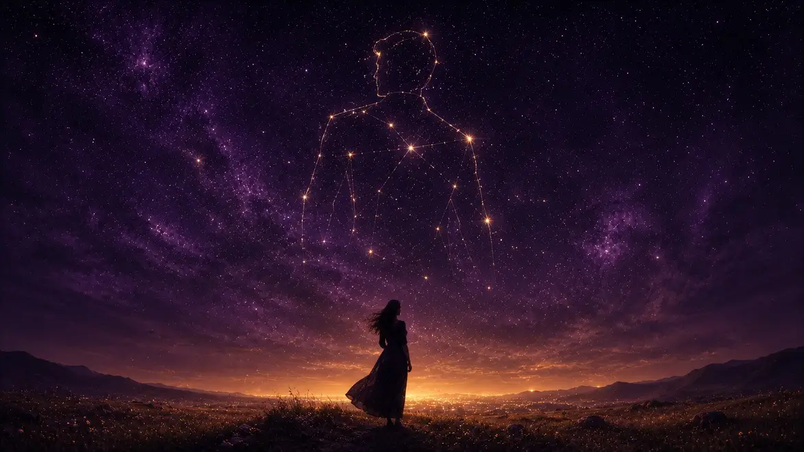 Lone woman silhouette standing in open field beneath vast purple starry sky with constellation lines