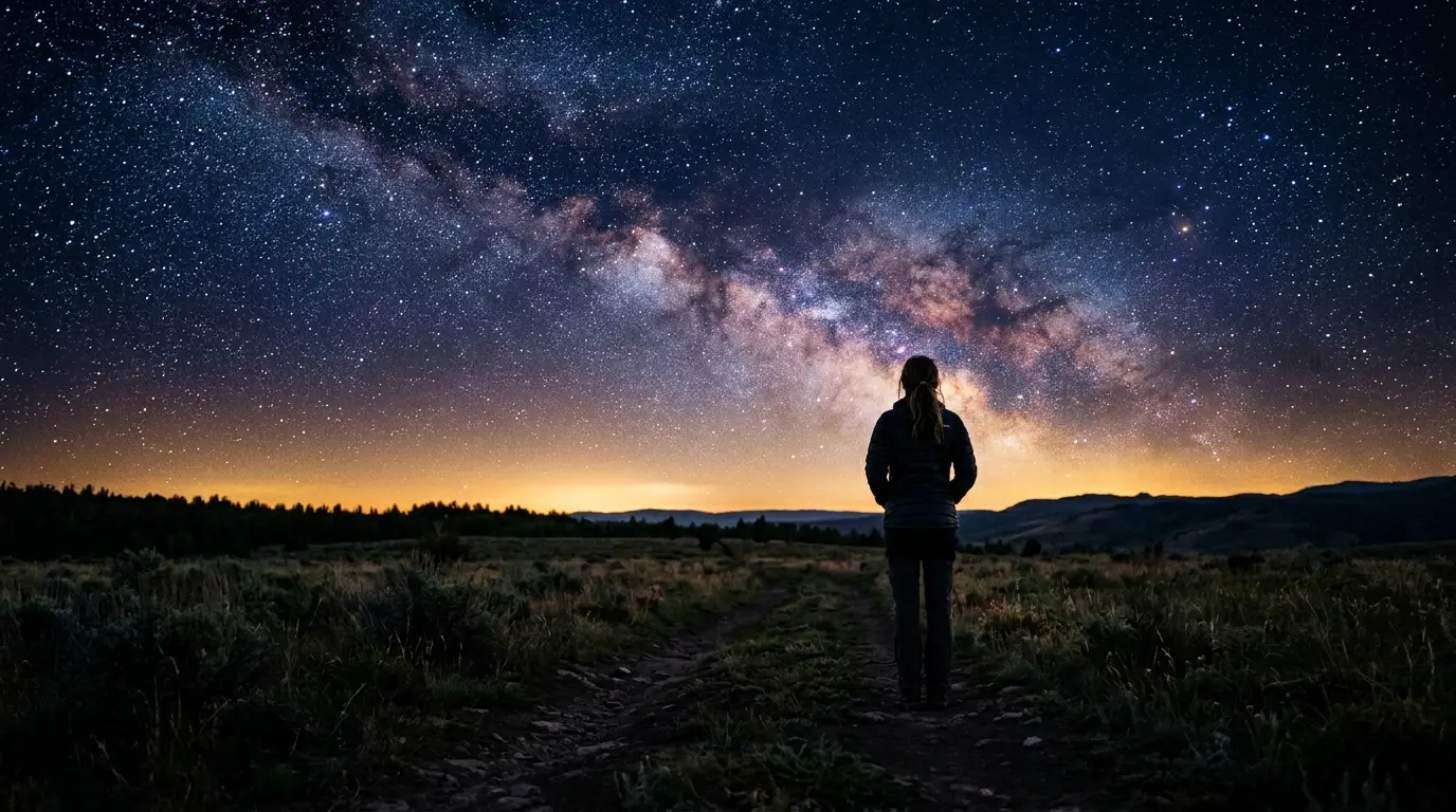 Lone woman silhouette standing in an open field looking up at a vast purple starry sky, cinematic editorial image representing reflection on relationship patterns and zodiac red flags