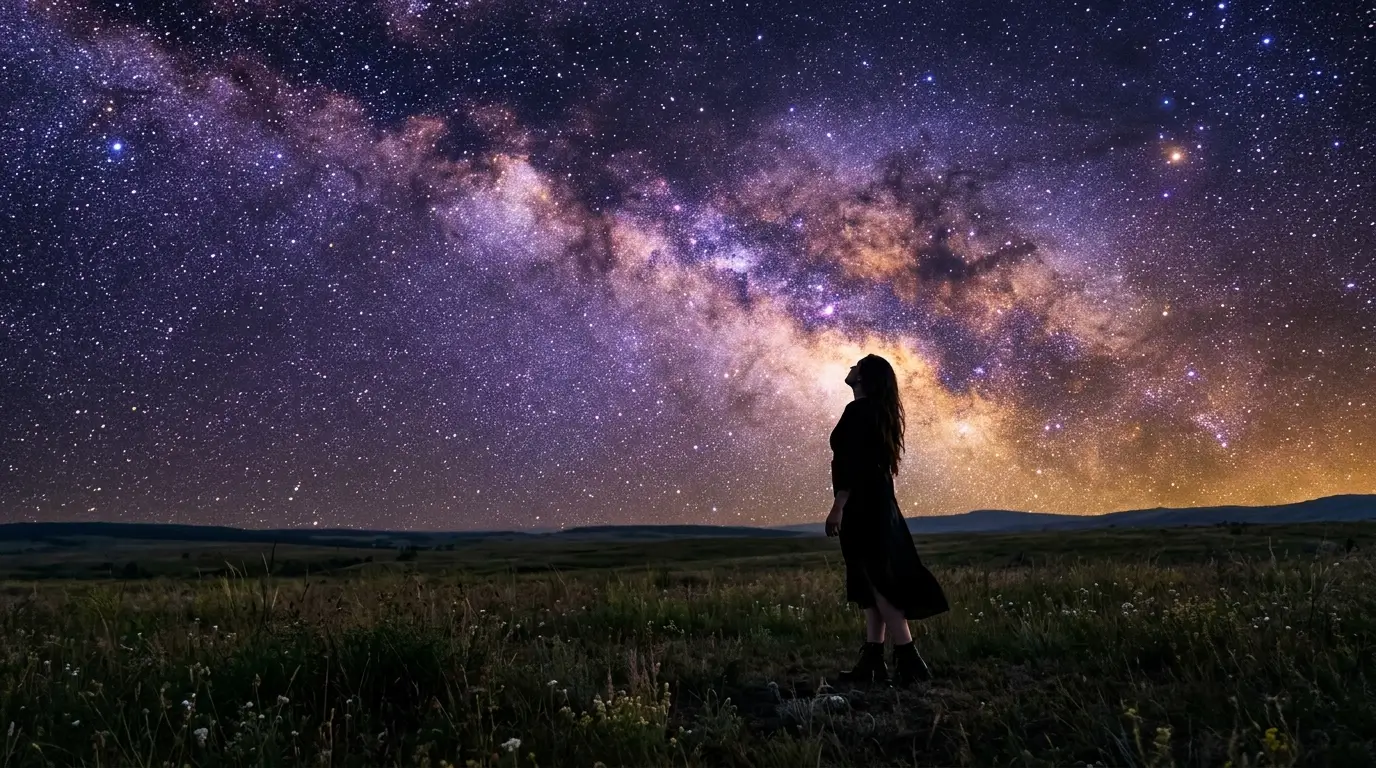 Lone woman silhouette standing under a vast starry purple sky representing hope and longing for a real soulmate connection