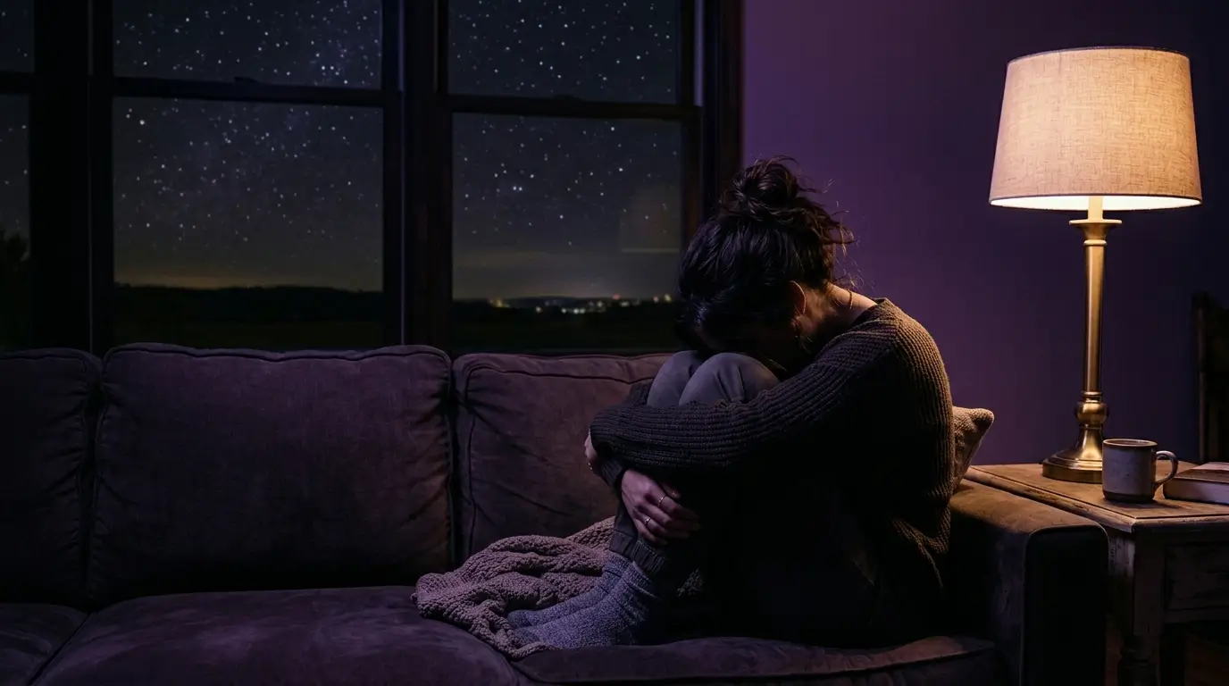 Woman sitting alone at night wondering if her Gemini man will reach out after their breakup