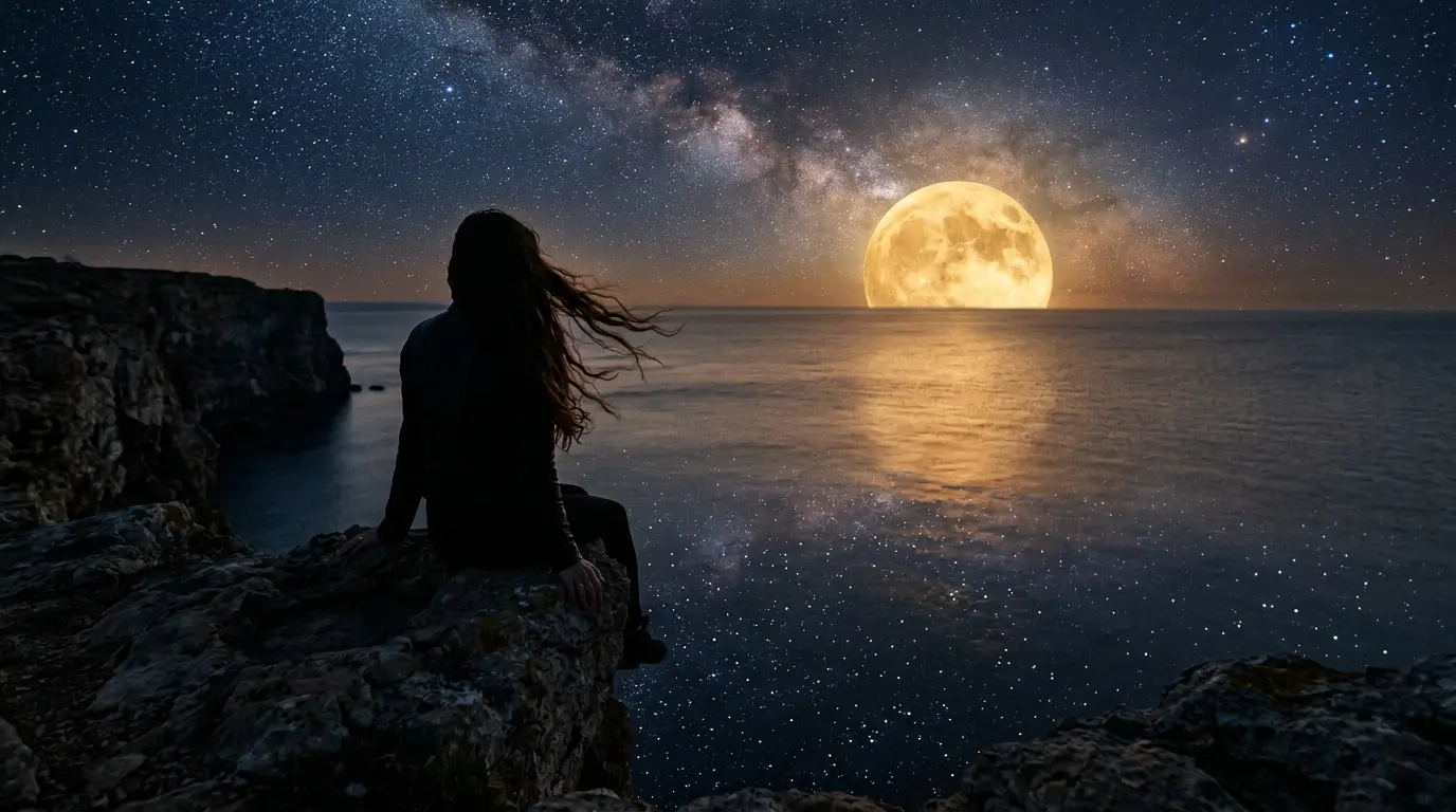 Woman silhouette gazing at the moon over dark water — wondering what a Taurus man's return means