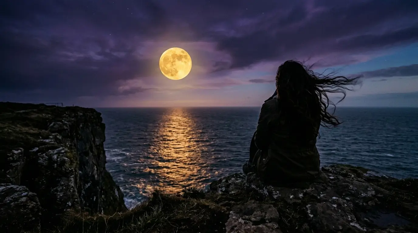 Woman silhouette looking at golden moon over dark water, representing the longing and waiting after an Aries man walks away