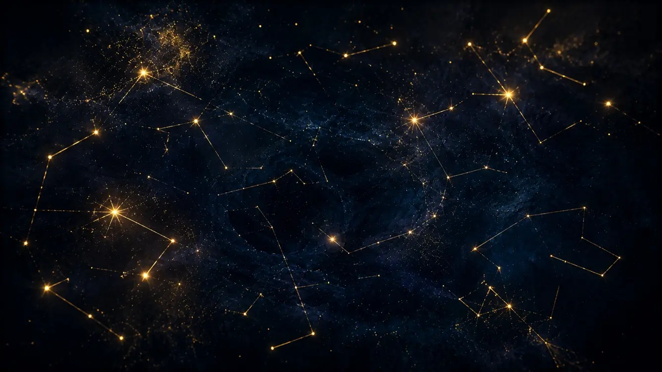 Abstract gold constellation map on deep blue background with broken connection lines between stars, symbolizing zodiac signs that disconnect emotionally in relationships