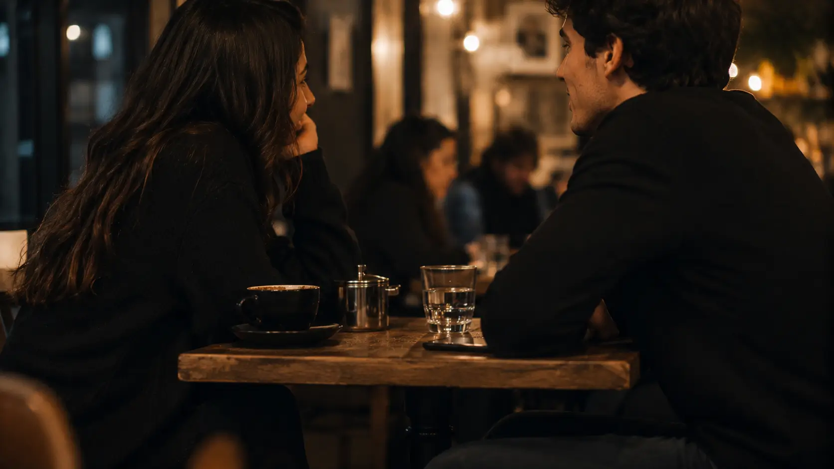 Zodiac love personality traits — woman walking alone through a city at dusk with a small involuntary smile, coat pockets full, city lights blurring behind her