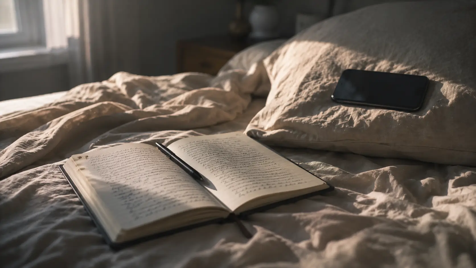 Zodiac sign behavior after being hurt — open journal on an unmade bed with a pen resting across the page, phone face-up on the pillow