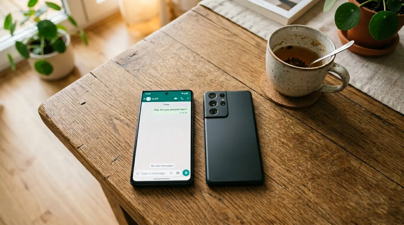 Zodiac sign behavior when ignored — two phones side by side on a wooden table, one with an open message thread, one face-down