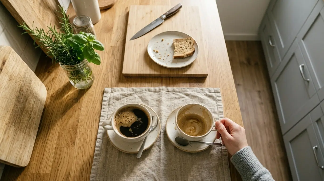 Zodiac sign emotional needs — two coffee cups on a kitchen counter in morning light, one hand reaching in frame