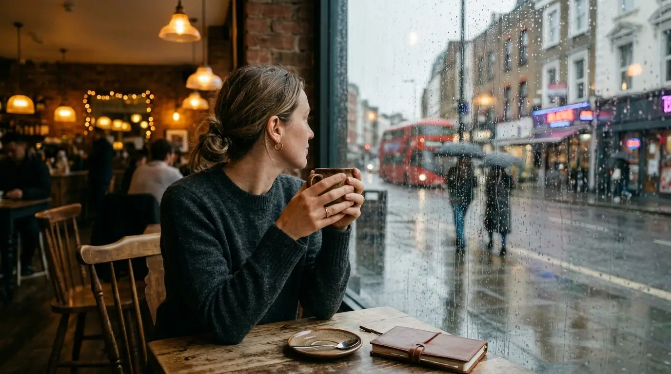 Zodiac sign love language — woman sitting at a café window with both hands around a mug, looking outside in quiet reflection