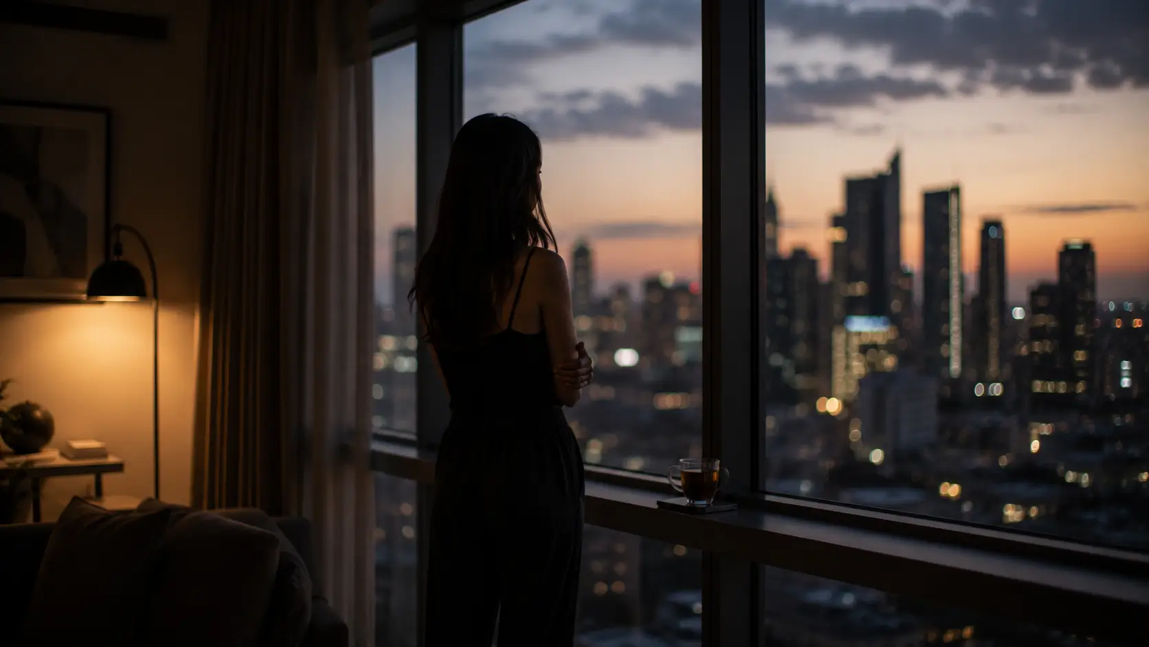 Zodiac sign love patterns — woman standing at apartment window at dusk, arms crossed, looking at city lights below
