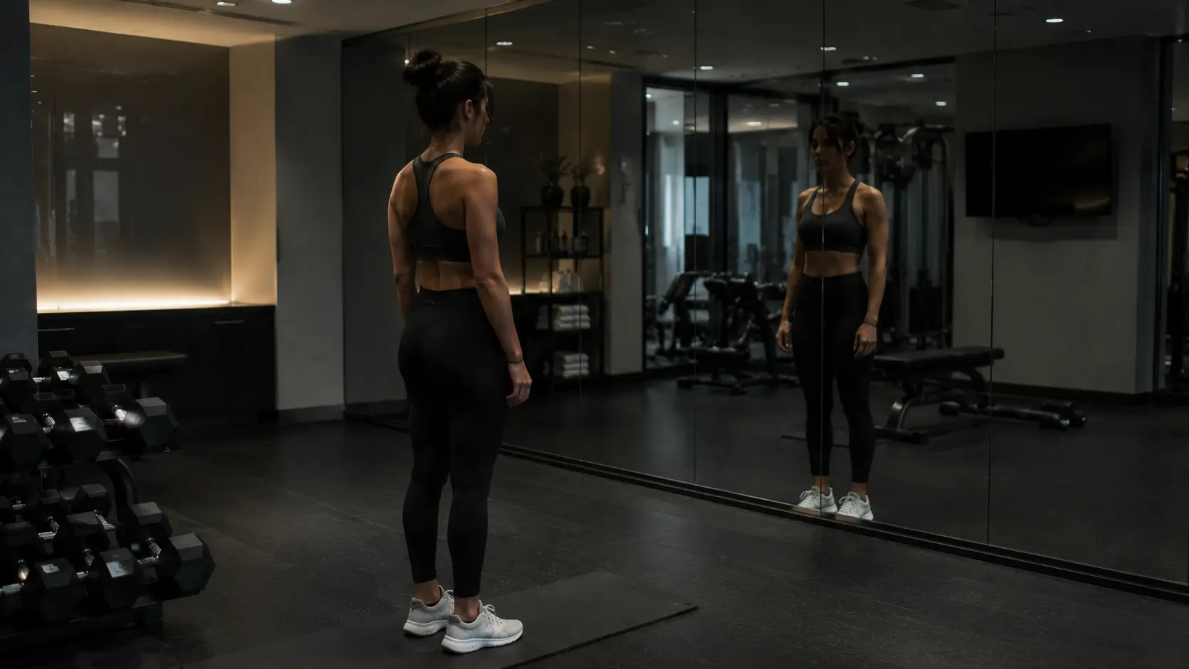 Zodiac sign relationship mistake — woman standing alone in a hotel gym facing a floor-to-ceiling mirror, still, not exercising, just thinking