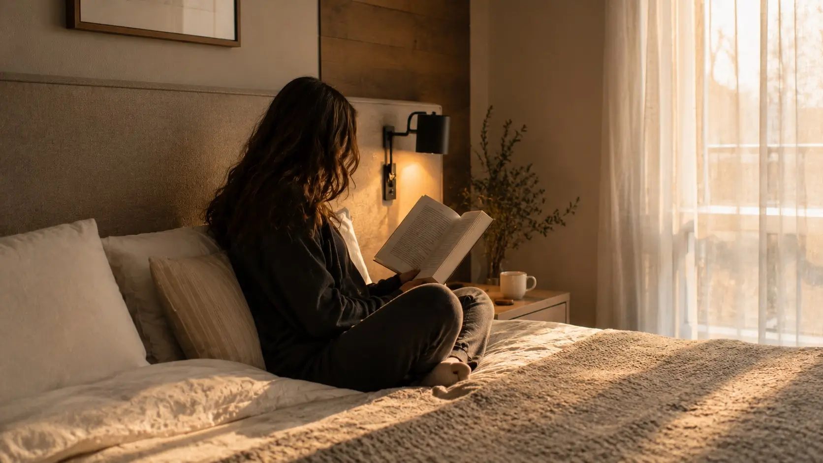 Zodiac sign relationship traits — woman reading on a bed in warm afternoon light, at ease and absorbed in thought