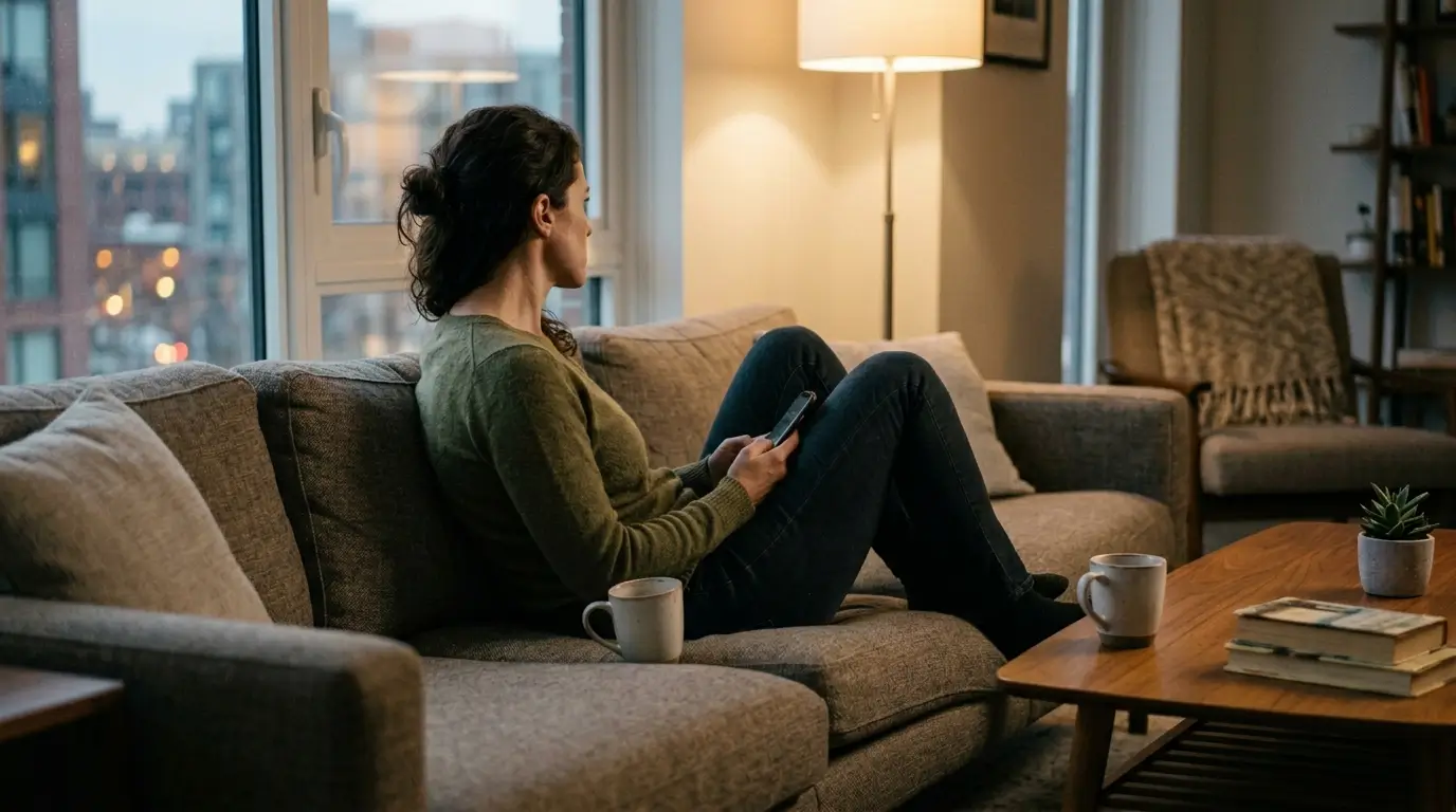 Zodiac signs and jealousy — woman sitting on couch in modern apartment, holding phone, looking away with a controlled expression