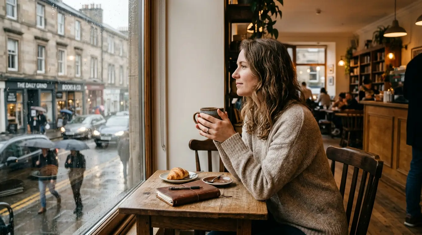 Zodiac signs as partners — woman sitting alone at a café table, holding coffee, looking out the window in quiet thought