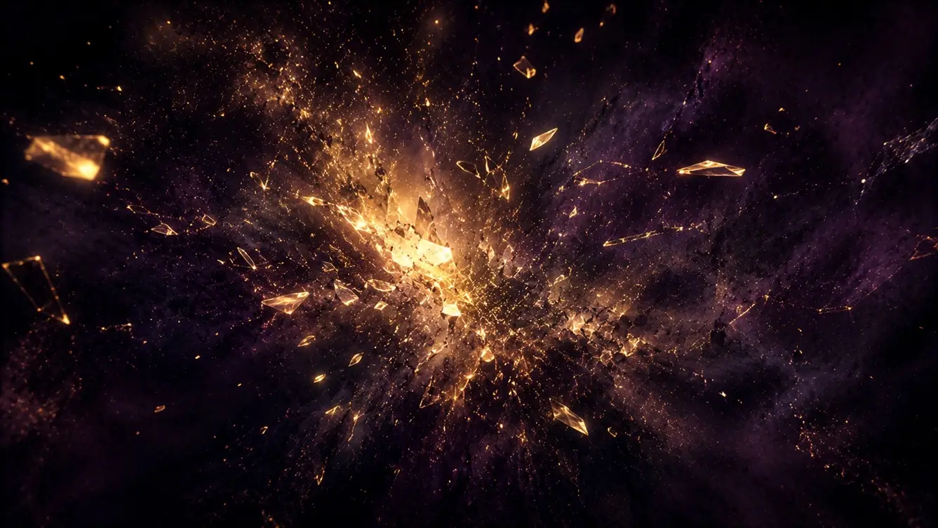Abstract fragmented golden light particles against a deep purple and black background, symbolizing broken communication in relationships