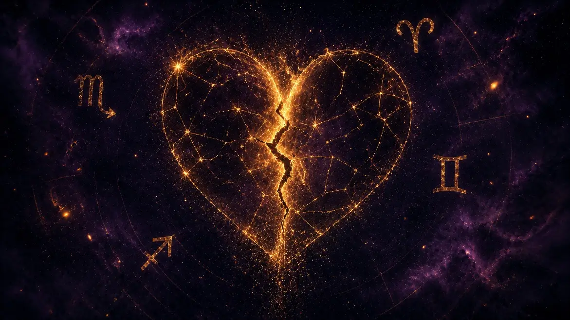 Cracked golden constellation heart against deep purple sky with zodiac symbols — zodiac signs that break your heart