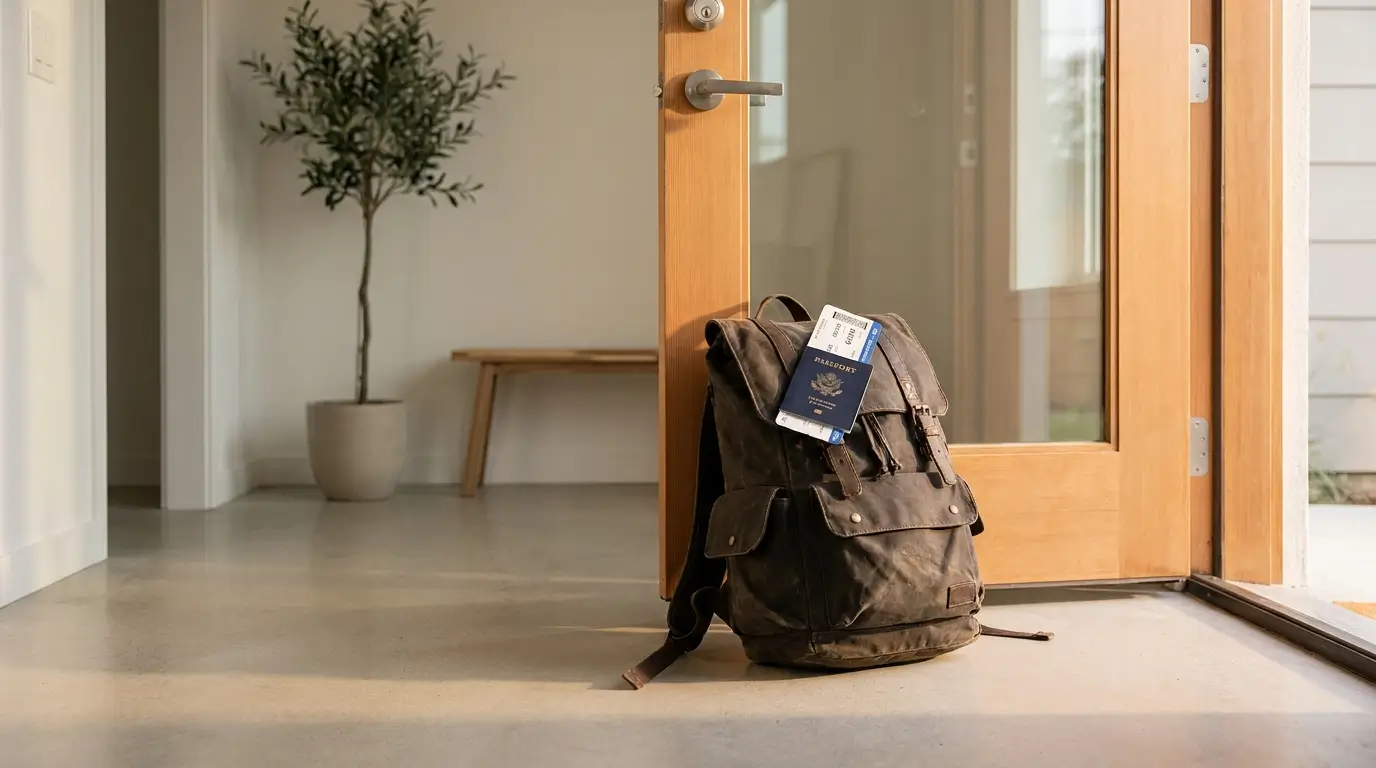 Zodiac signs that disappear in relationships — a backpack by an open front door, passport and boarding pass visible on top, the permanent readiness of someone who is always half-gone already
