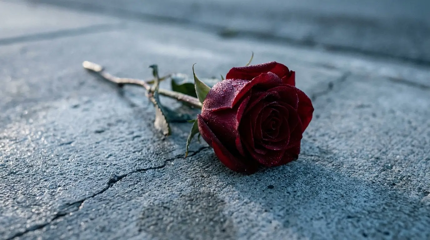 Zodiac signs most faithful in relationships — a single dark red rose on a concrete surface in cold morning light, dew still on the petals, something that endures without asking for attention