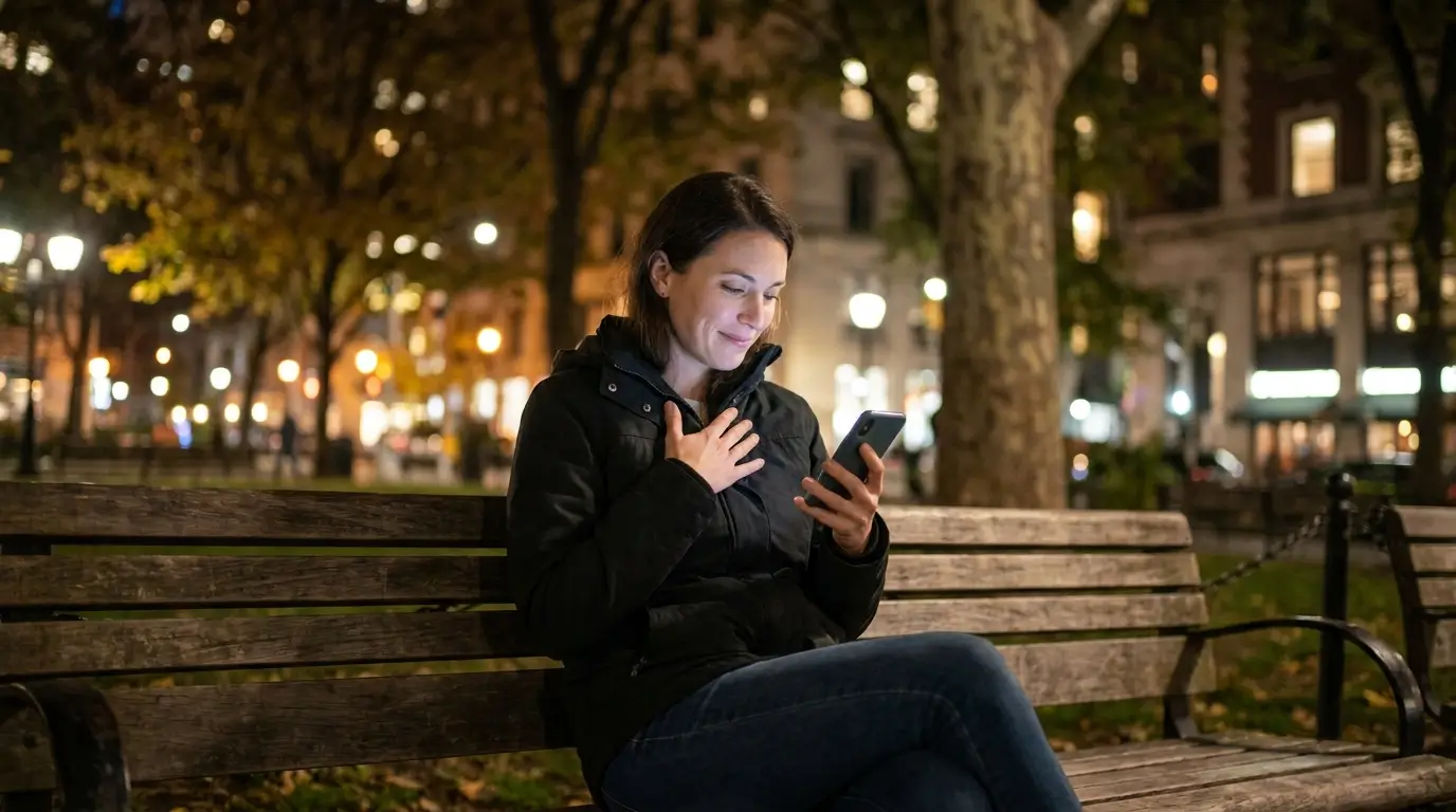 Zodiac signs fall in love fast — a woman sitting on a park bench at night, face lit by her phone screen, a half-smile she can't quite explain