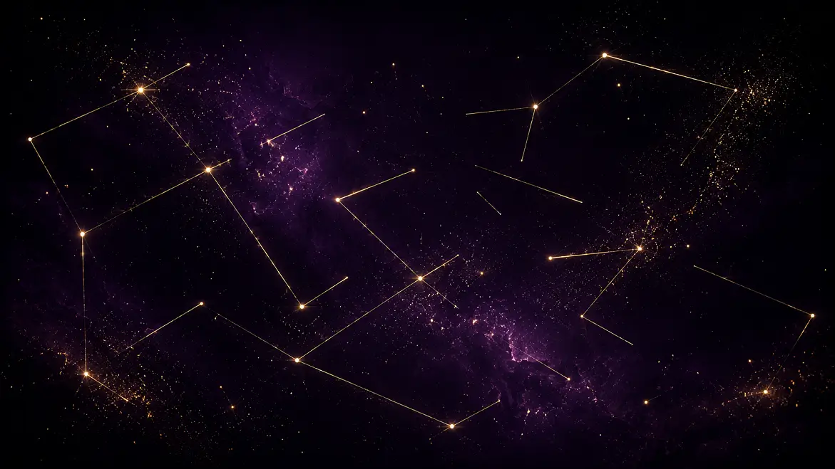 Abstract constellation lines breaking apart against deep purple background, representing zodiac signs most likely to ghost in relationships