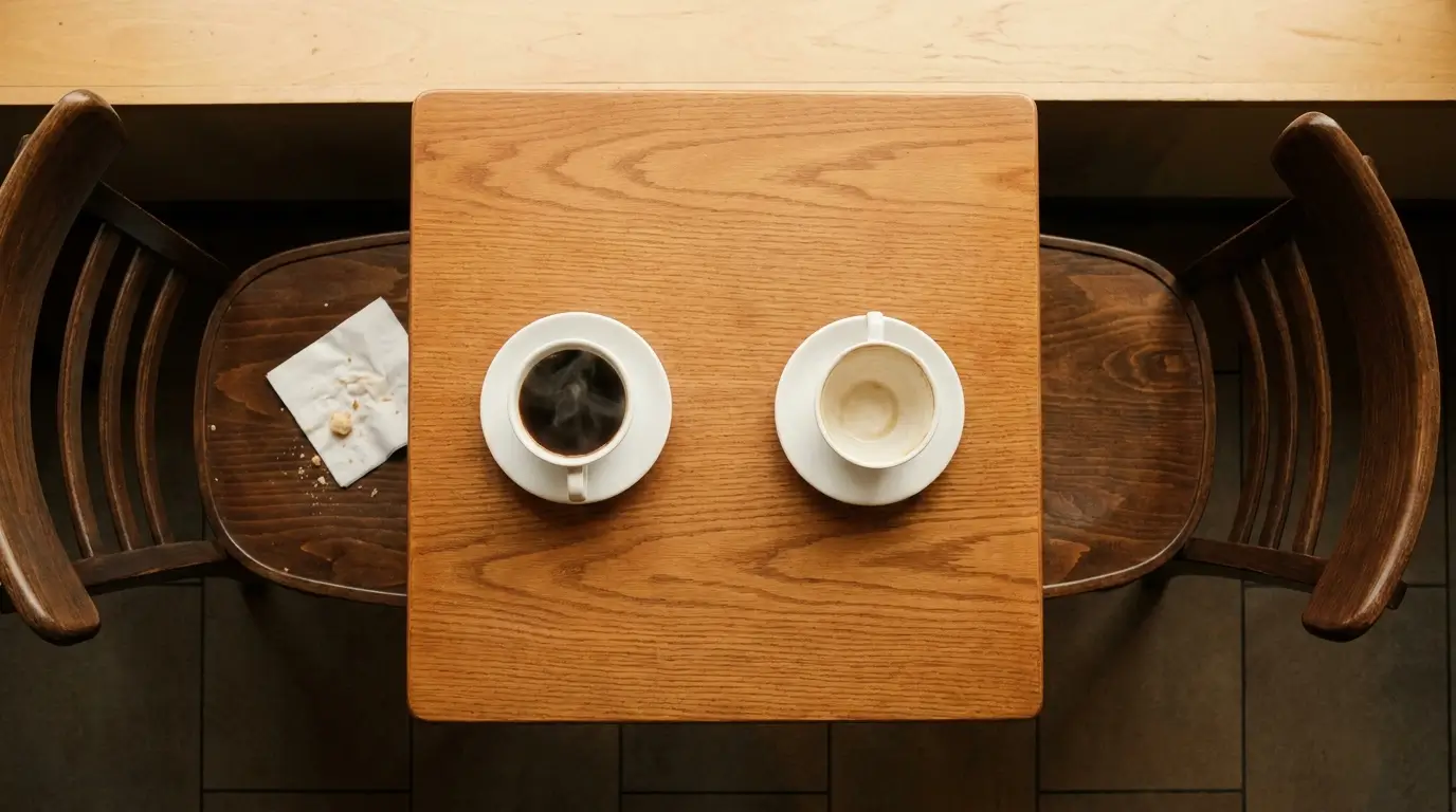 Zodiac signs that go silent without warning — two identical coffee cups on a café table, one full and untouched, one empty, the particular absence of someone who was just here