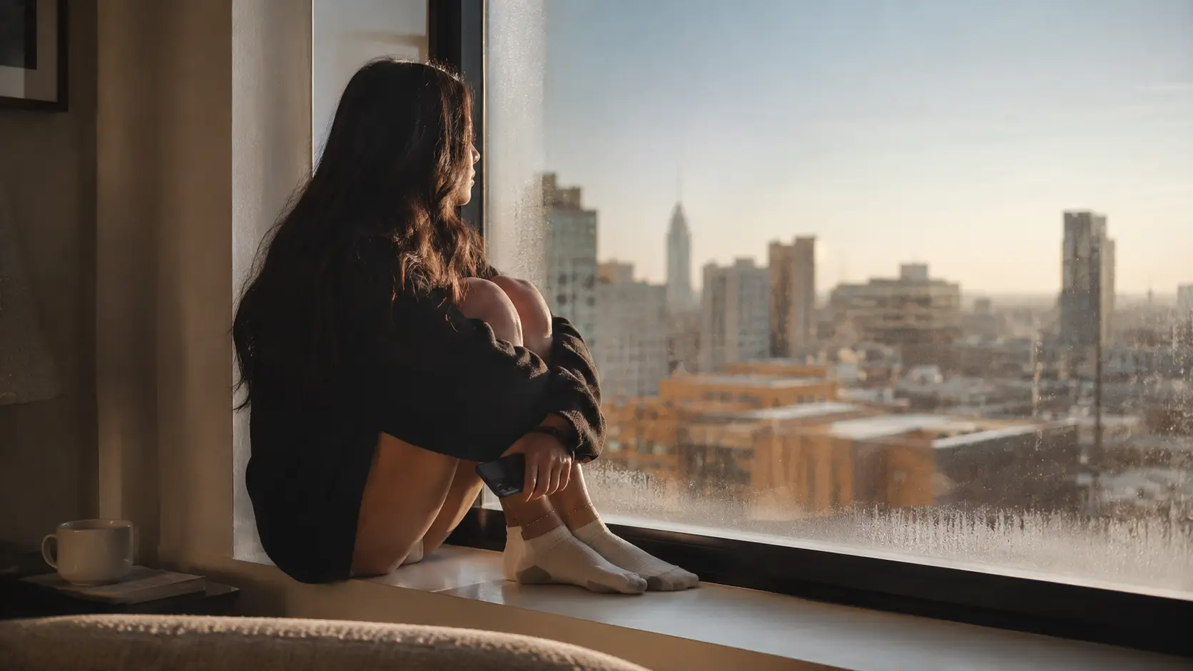 Zodiac signs in love behavior — woman sitting by apartment window in morning light, looking out at the city with quiet hope