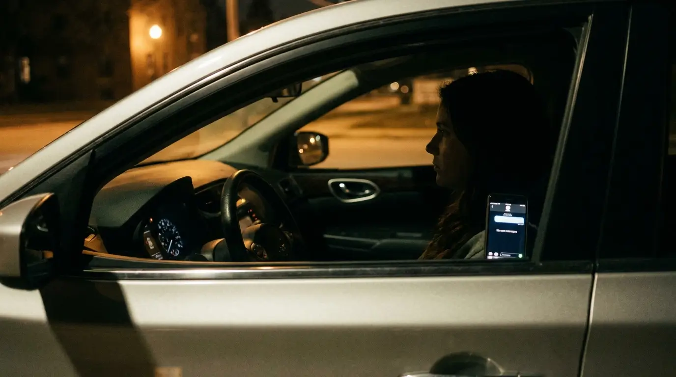 Zodiac signs most likely to ghost — a woman sitting in a parked car at night, phone face-up on the passenger seat showing no new messages, the particular silence of waiting for someone who isn't coming