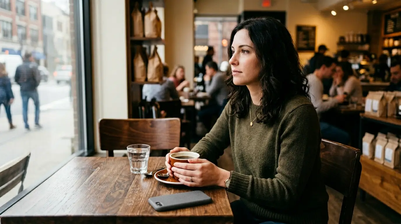 Zodiac signs when ignored — woman at a café table with phone face-down, hands around a coffee cup, waiting