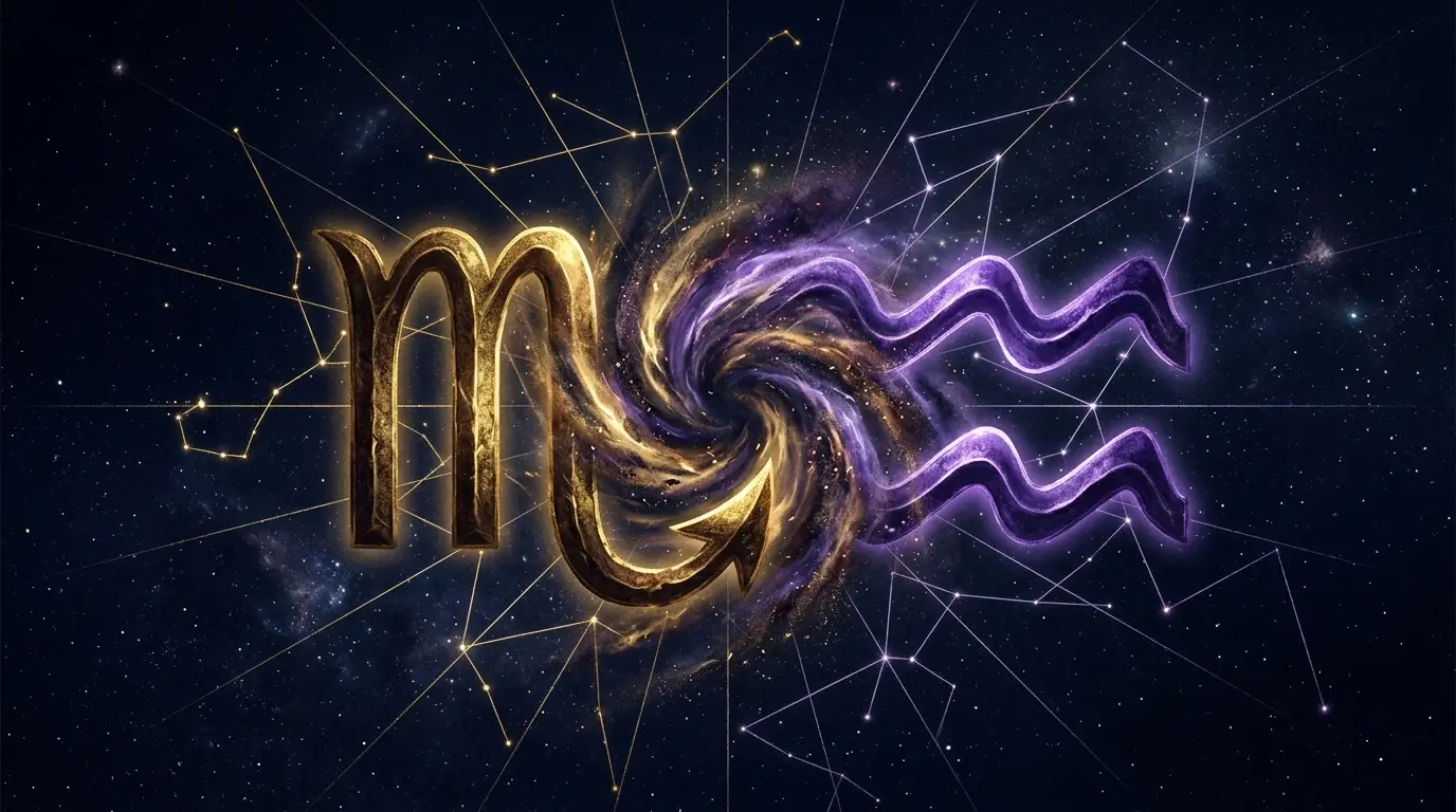 Two overlapping zodiac symbols in gold and violet suggesting astrological conflict and toxic compatibility