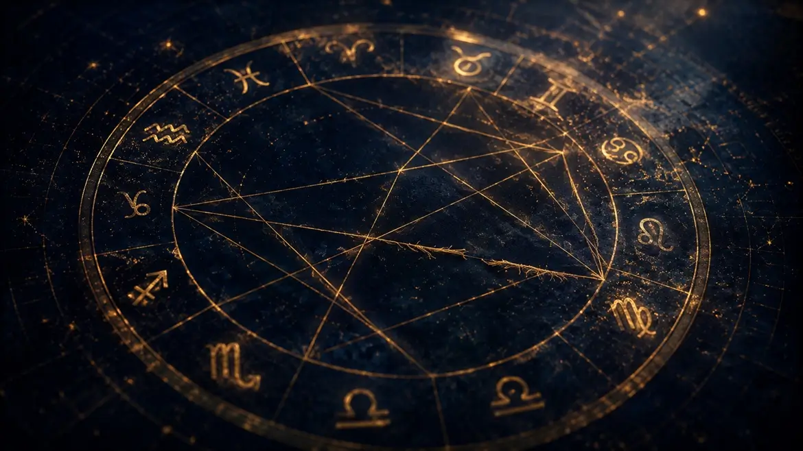 Antique gold astrological chart with zodiac symbols connected by fine lines on dark navy background, one connection slightly frayed suggesting relationship warning signs