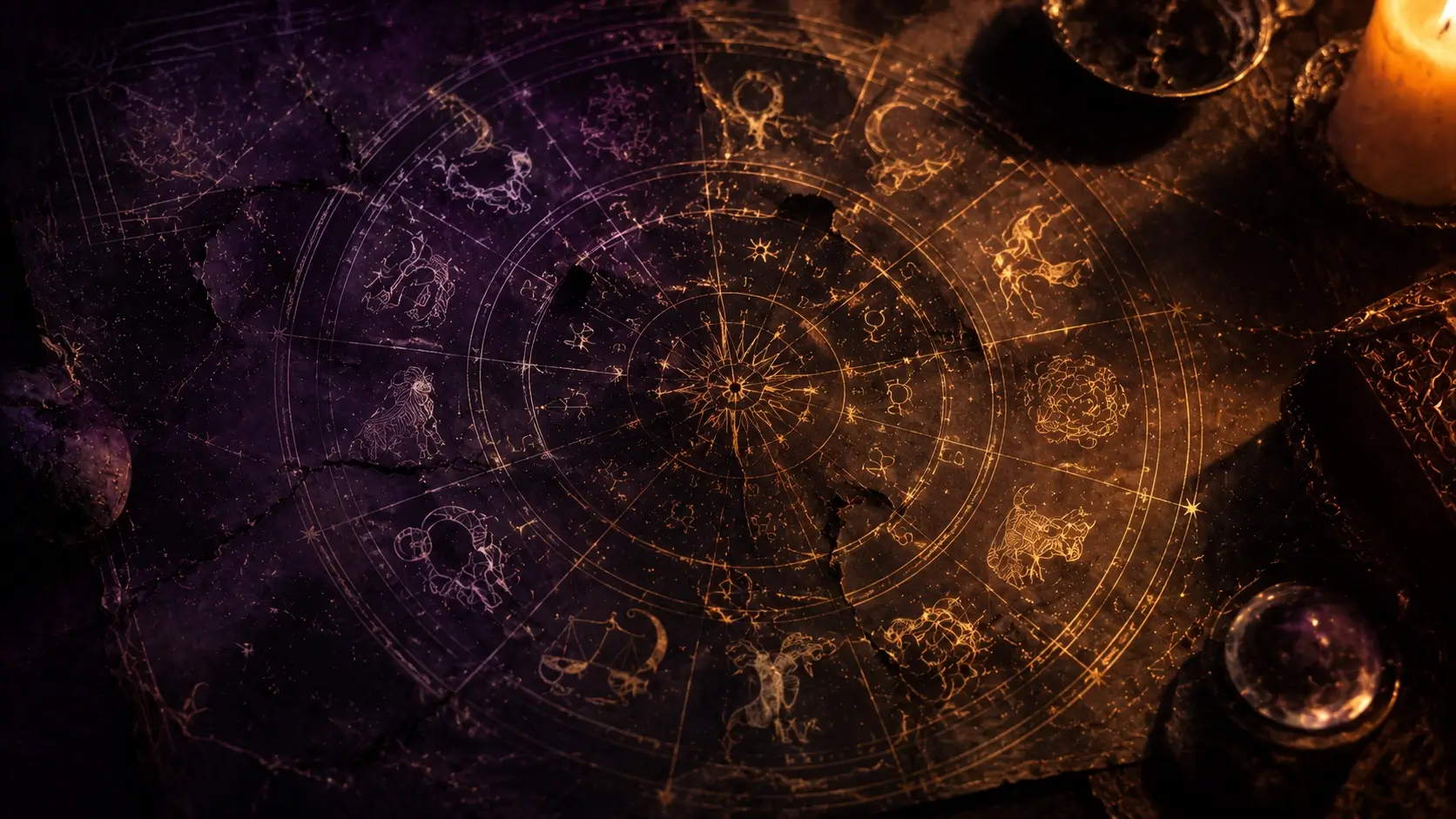 Antique astrological wheel with zodiac symbols in gold ink on dark parchment, representing the shadow side each sign carries in relationships
